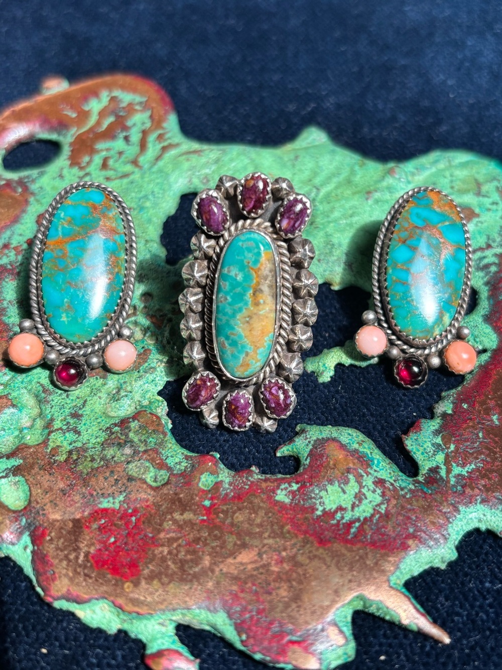 🌟Vintage c.1970 signed Navajo Sterling turquoise cluster ring 🌟 - Picture 2 of 4